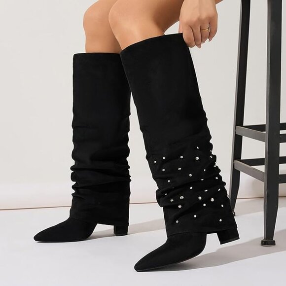 Women's Black Knee High Boots - Picture 1 of 7